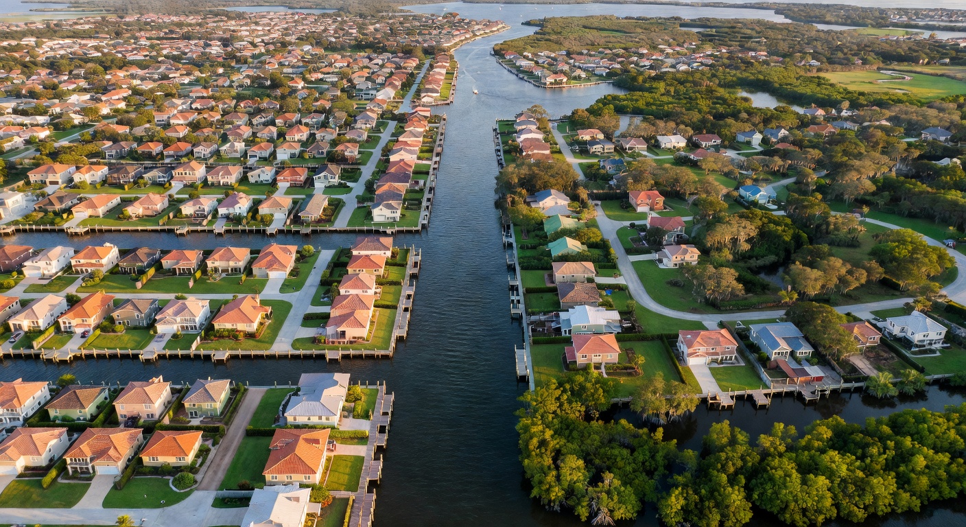Aerial view comparing Naples and Bonita Springs communities side by side showing different density and waterfront access, realistic 8K satellite style