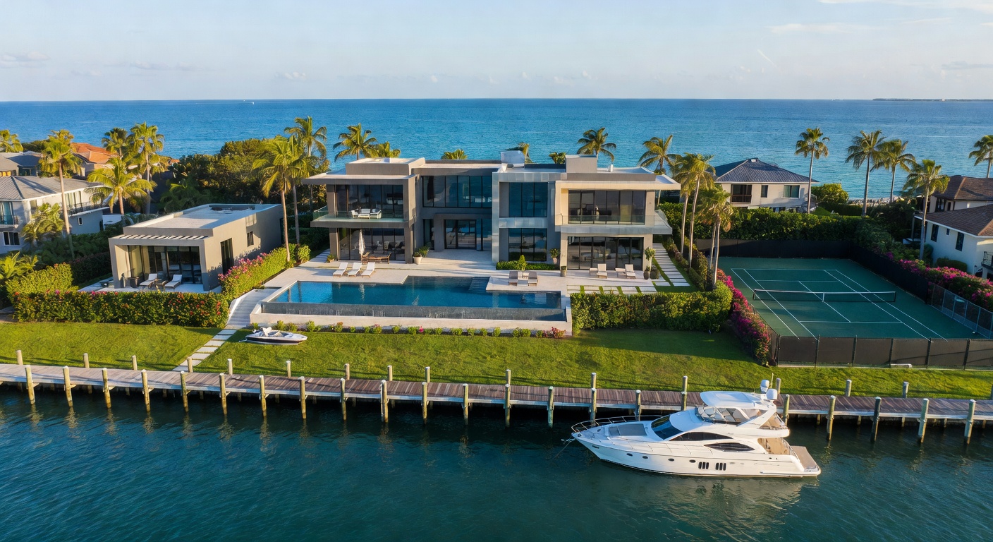Cinematic aerial 8K photograph of a sprawling 15,000 sq ft contemporary waterfront mansion on Gordon Drive Naples with multiple guest houses, tennis court, and expansive waterfrontage, taken from 300 feet elevation