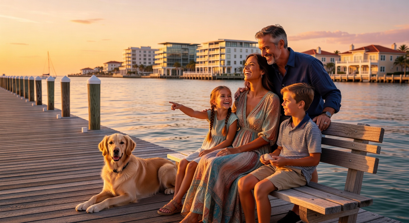 Family enjoying sunset at Naples Pier with luxury homes visible in distance, warm lighting, realistic lifestyle photography, ultra detailed 8K