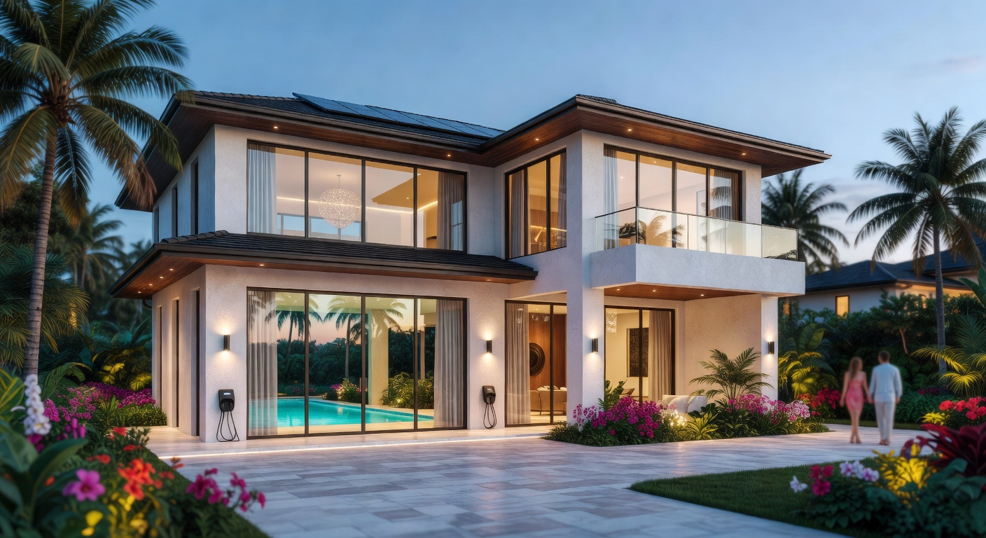 New construction luxury home in North Naples with smart home features and tropical landscaping, architectural detail, 8K resolution
