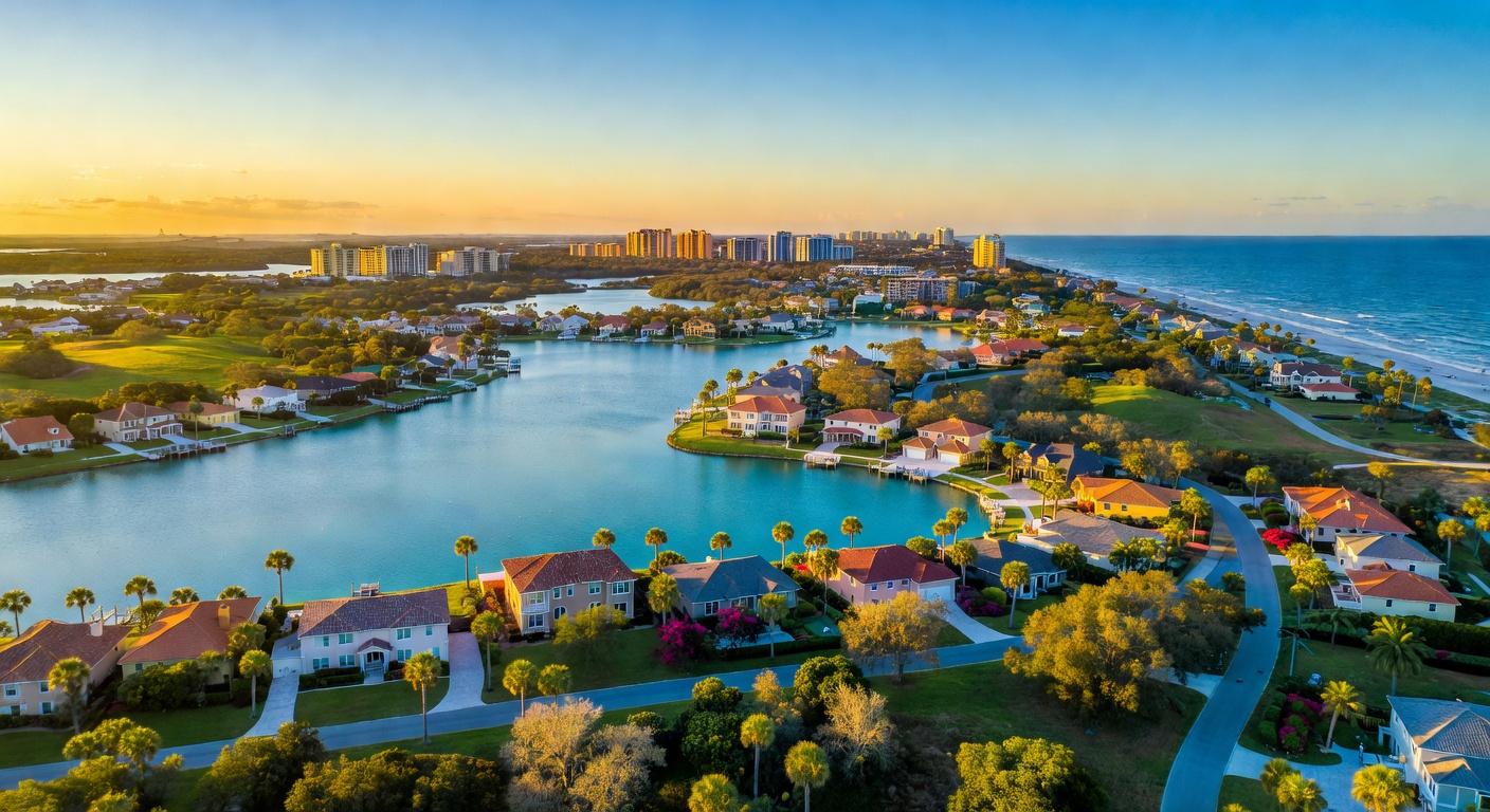 Bonita Springs community aerial view showing residential neighborhoods, lakes and proximity to the beach, realistic 8K aerial photography