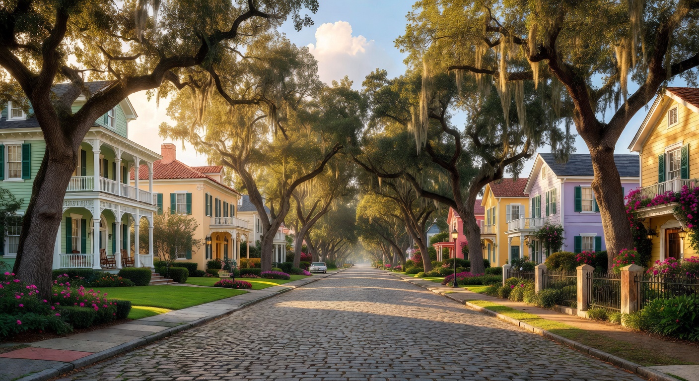 Old Naples historic district street lined with charming homes and oak trees, beautiful afternoon light, photorealistic 8K image