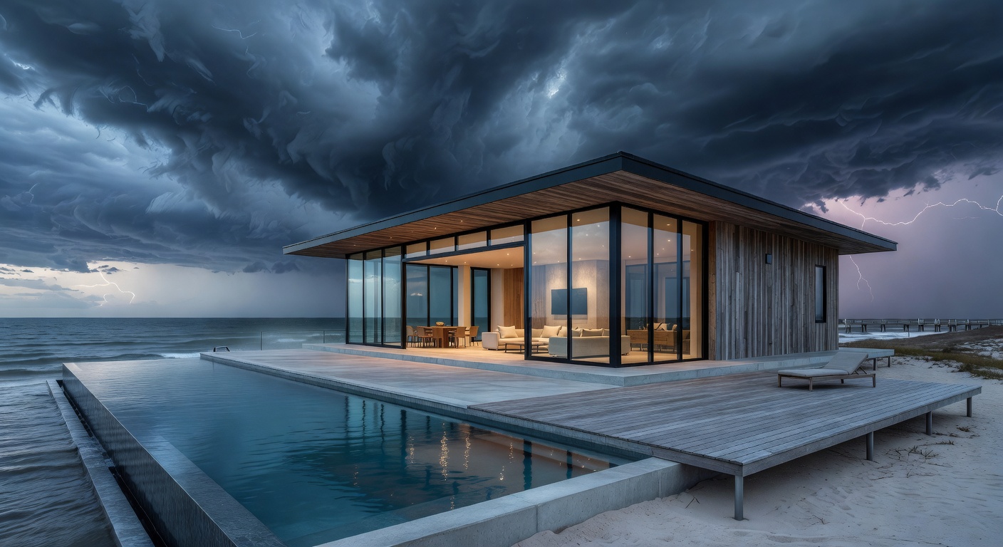 Hurricane resilient luxury home in Naples Florida with impact windows and modern design, dramatic sky, 8K ultra detailed rendering
