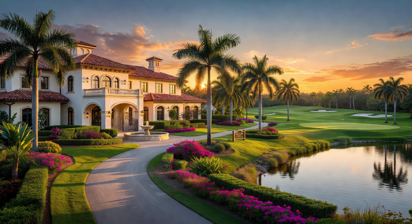 Talis Park golf community in Naples with elegant clubhouse and meticulously maintained grounds, golden hour, photorealistic 8K