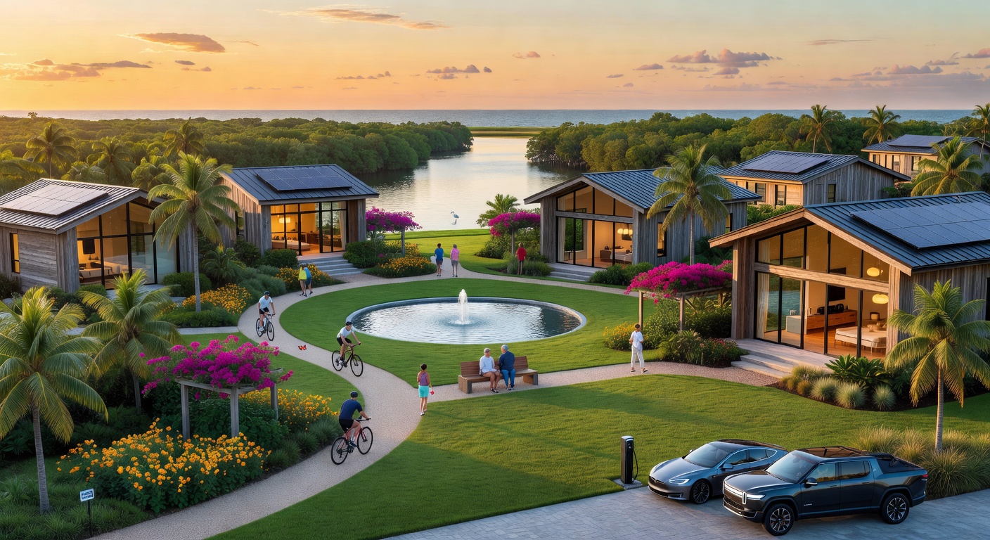 Future development concept of sustainable luxury community in Southwest Florida with green spaces and modern homes, architectural visualization, ultra realistic 8K