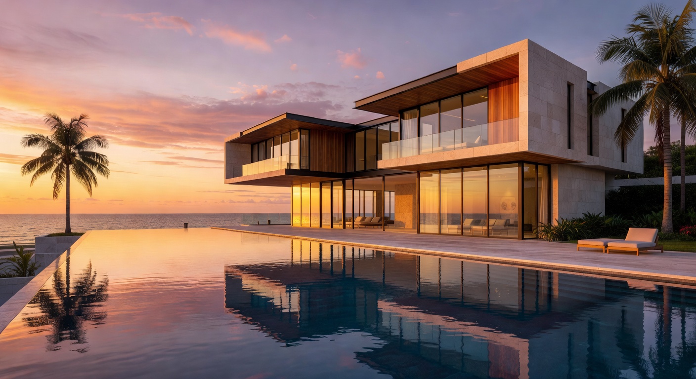 Luxurious waterfront mansion in Naples Florida with infinity pool overlooking the Gulf of Mexico, modern architecture, palm trees, 8K ultra realistic