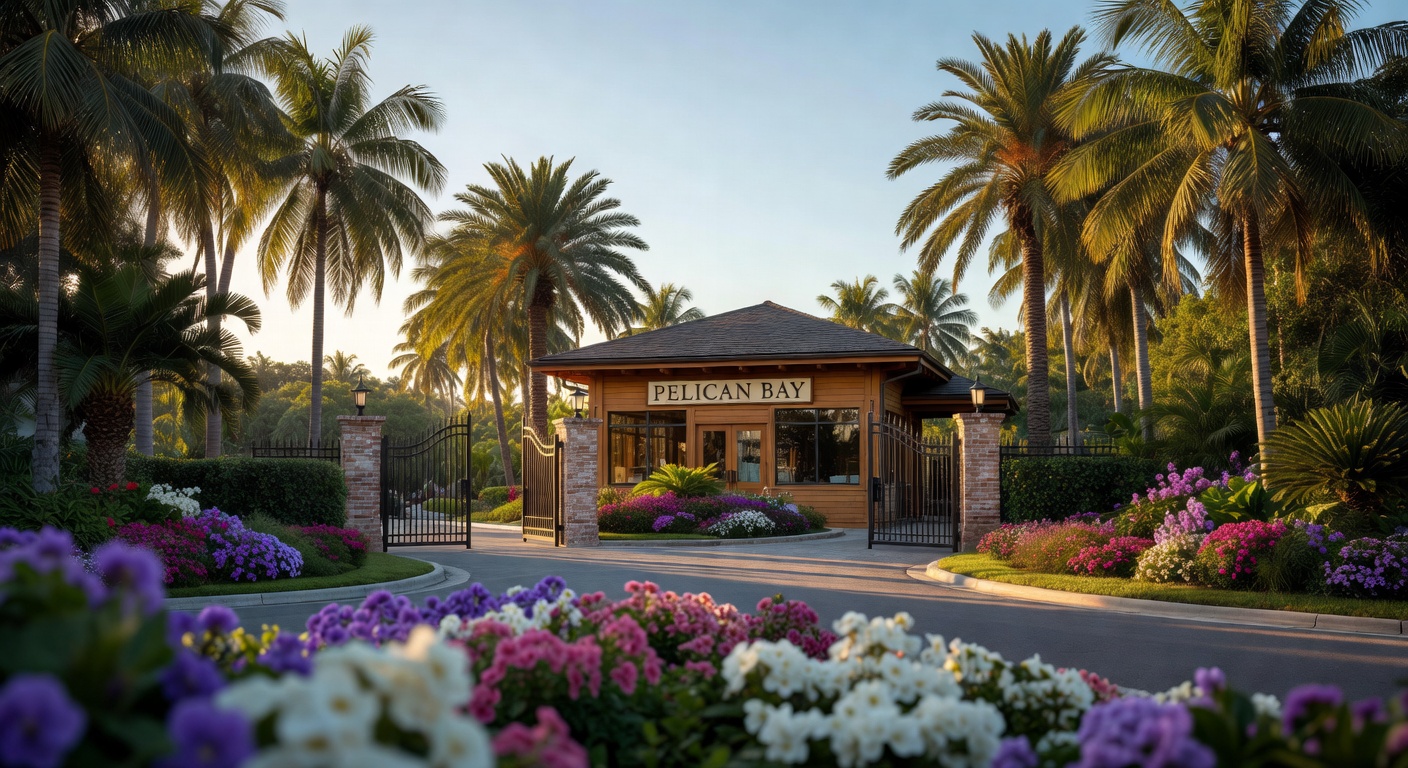 Gated entrance to Pelican Bay community in Naples Florida with lush landscaping and security gatehouse, realistic photography style, 8K resolution