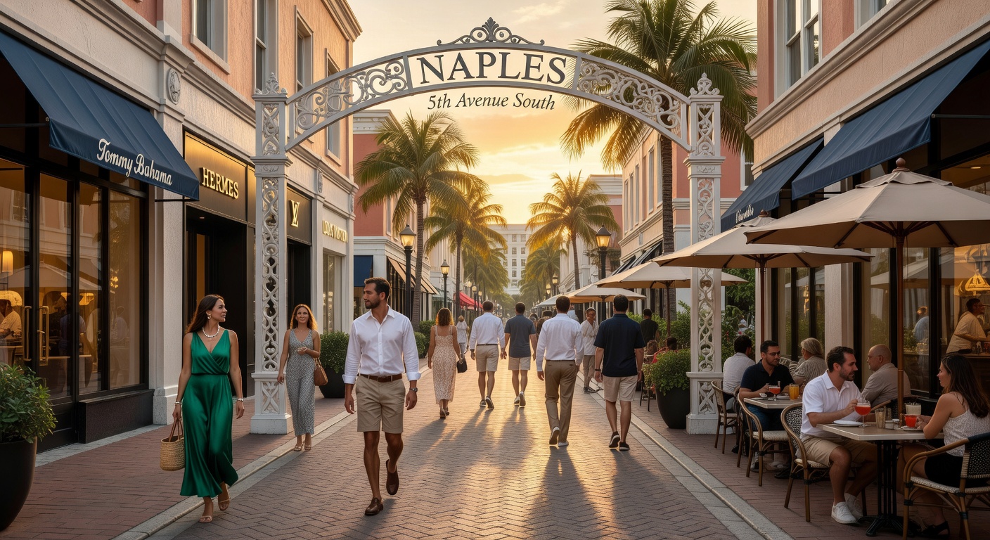 5th Avenue South in downtown Naples Florida showing upscale shops and restaurants with people walking, vibrant street scene, ultra realistic 8K