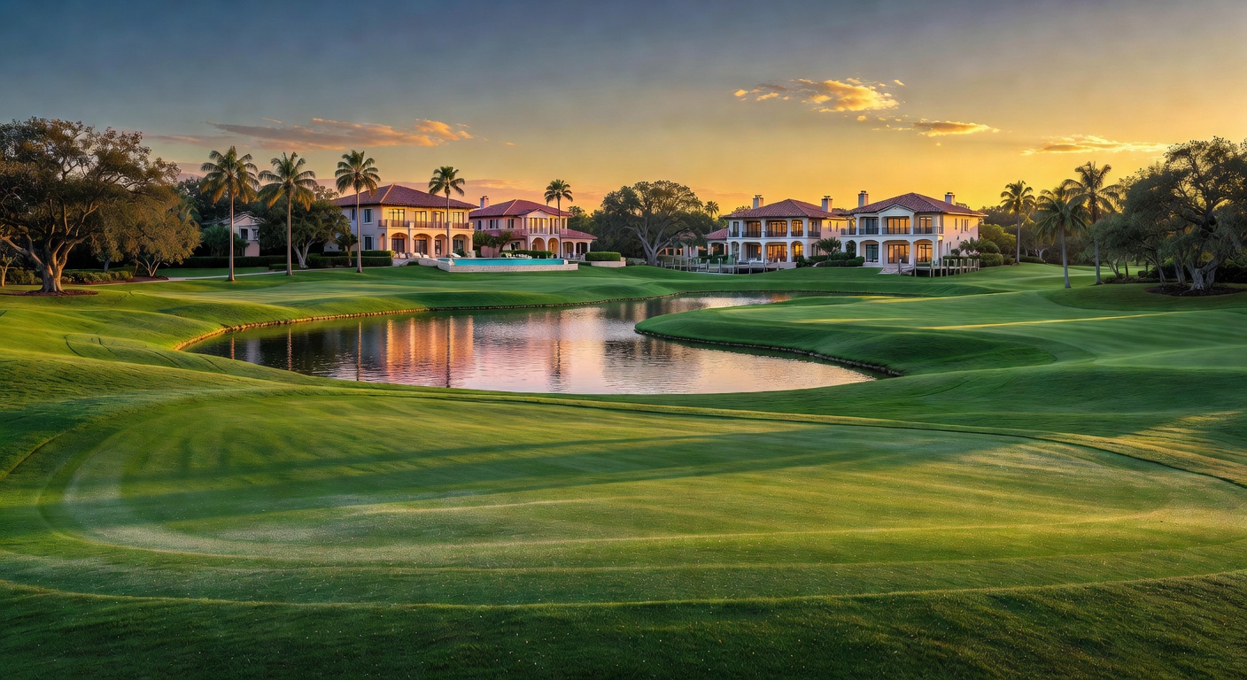 Championship golf course in Naples Florida with pristine fairways, water hazards and luxury homes in background, golden hour lighting, 8K photorealistic