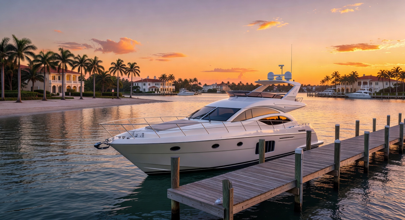 Private dock with luxury yacht in exclusive Naples Florida bayfront community, sunset lighting, realistic rendering, 8K resolution
