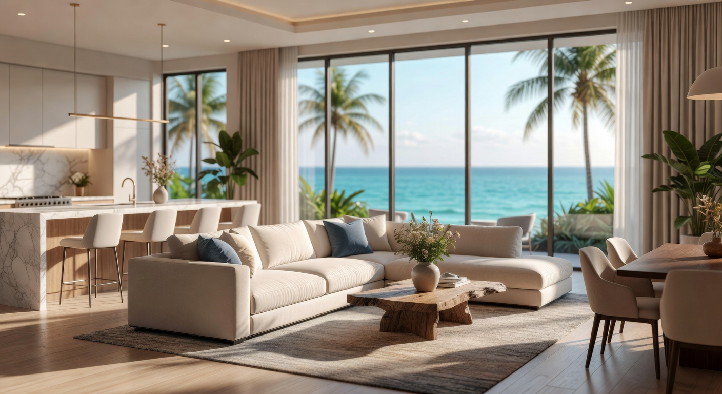 Interior of upscale Naples Florida home showing open concept living room with Gulf views through floor-to-ceiling windows, 8K ultra realistic