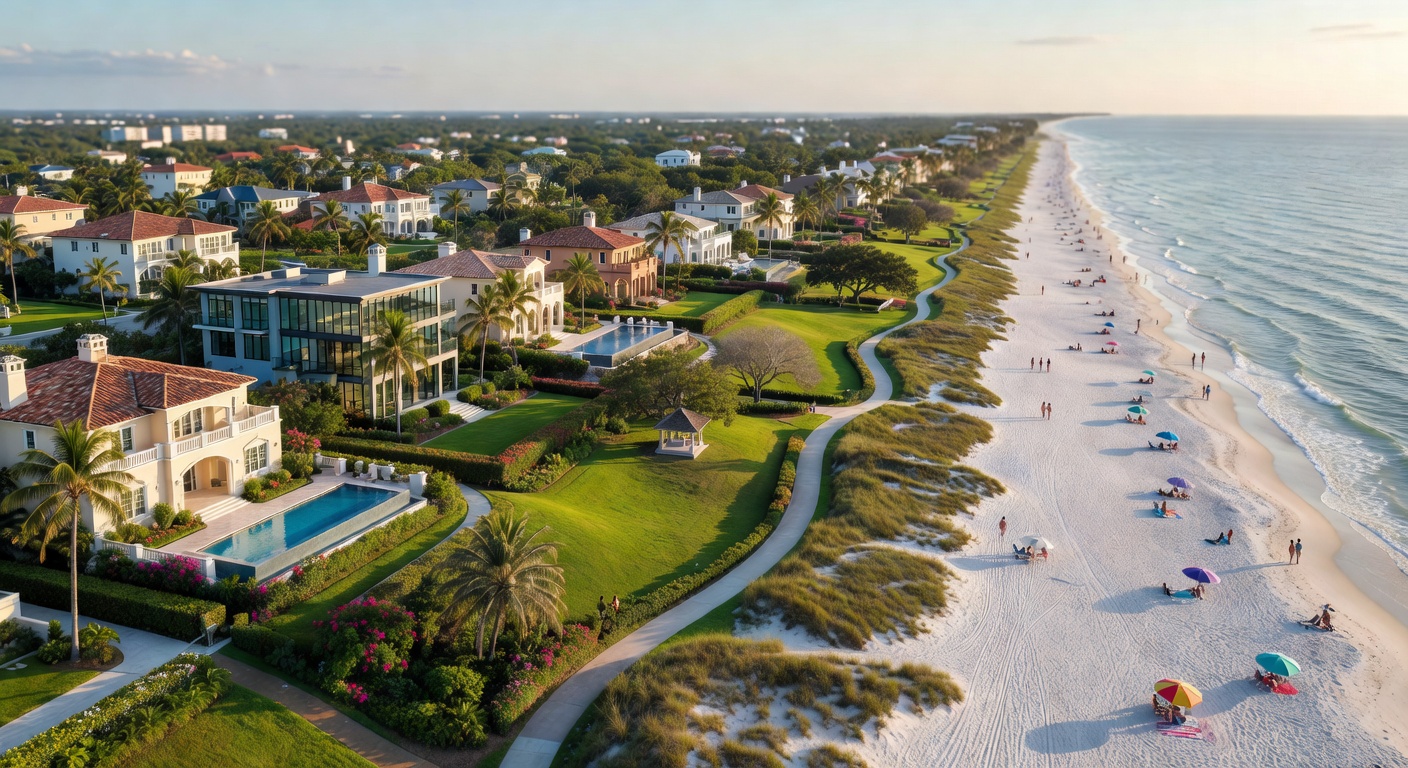 Aerial view of Park Shore neighborhood in Naples Florida showing beautiful homes and park areas adjacent to the beach, 8K photorealistic