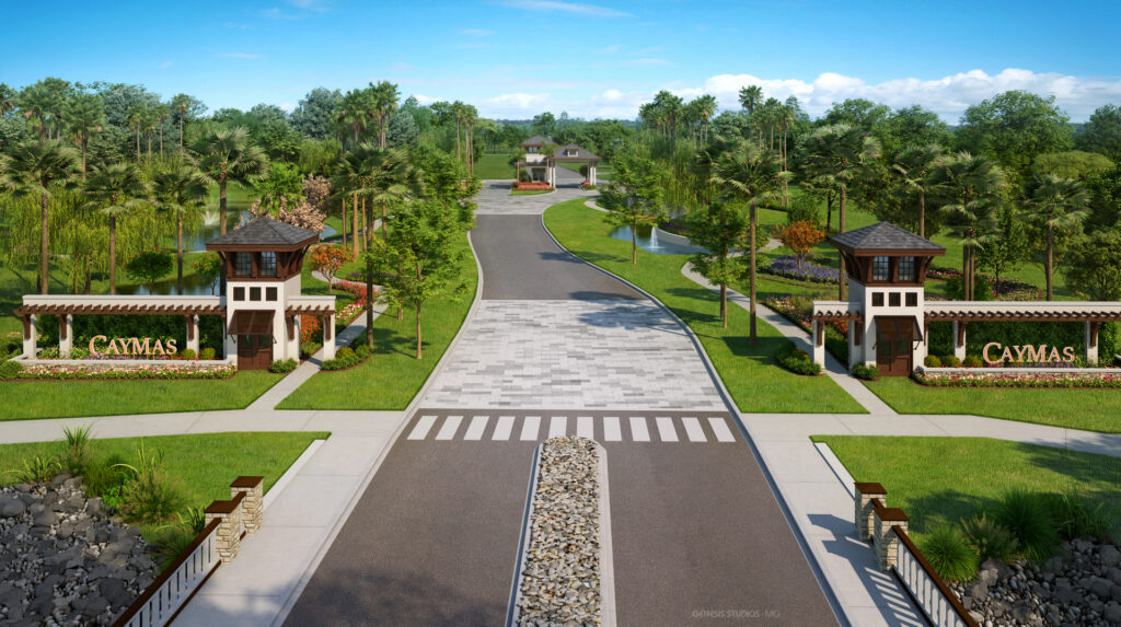 Lifestyle aerial view of Caymas Naples showing expansive 780-acre community with multiple lakes, luxury waterfront homes, lush preserves, and the 18-acre amenity campus with pools and sports fields, photorealistic 8K, warm Florida sunlight, high detail
