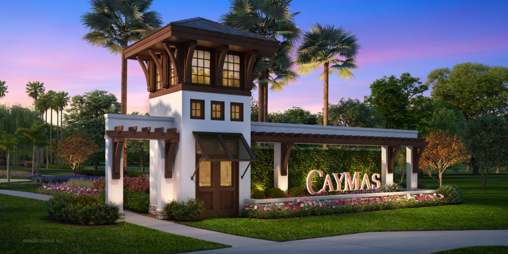 Dusk shot of the grand Caymas Naples entry gate and fountain, dramatic lighting with illuminated palm trees, luxury vehicle approaching, twilight sky with purple and orange hues, photorealistic 8K real estate photography