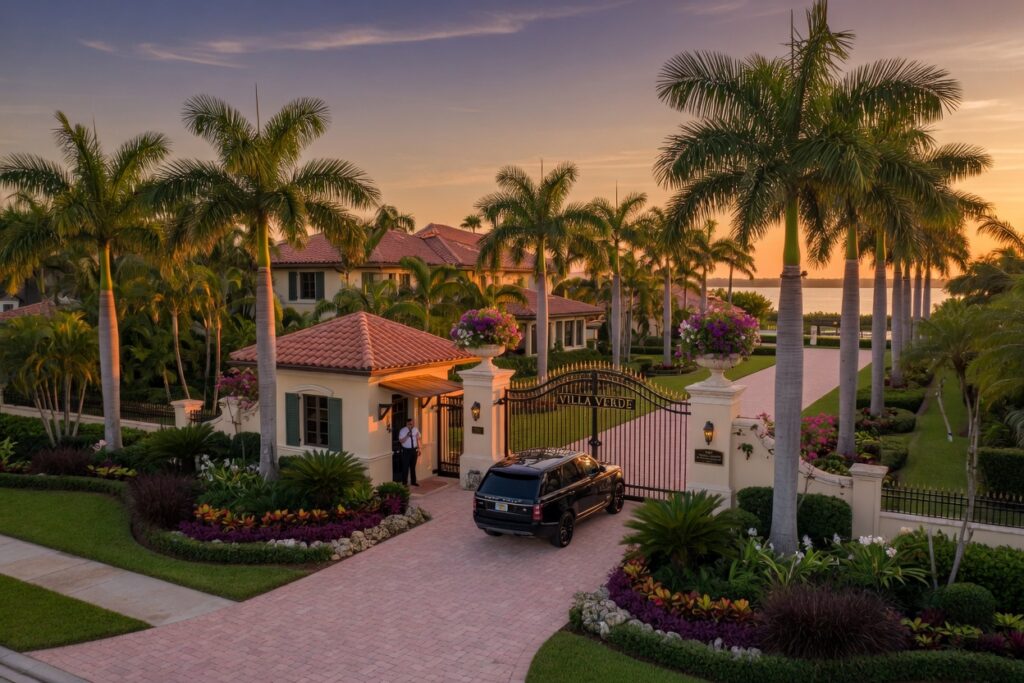 Ultra-realistic 8K aerial photograph of a luxurious gated entrance with guard house surrounded by perfectly manicured palm trees and tropical landscaping in Naples Florida at golden hour