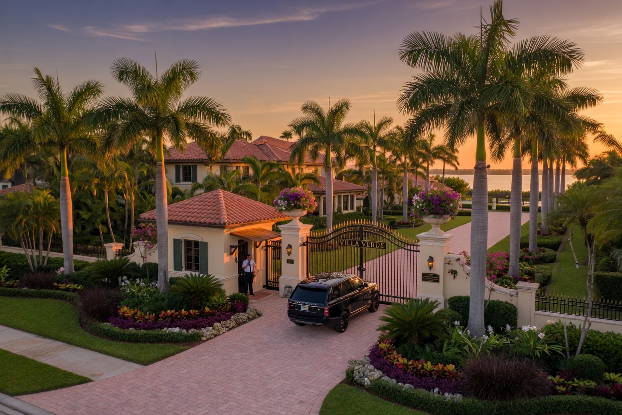 Ultra-realistic 8K aerial photograph of a luxurious gated entrance with guard house surrounded by perfectly manicured palm trees and tropical landscaping in Naples Florida at golden hour