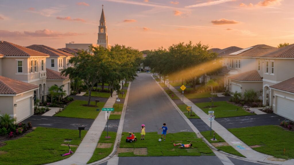Golden-hour aerial of modern single-family new construction homes lining a tree-canopied street in Ave Maria Florida, kids playing on fresh sod, distant Oratory steeple, volumetric lighting, photorealistic 8K, text legible street signs, Southwest Florida sky