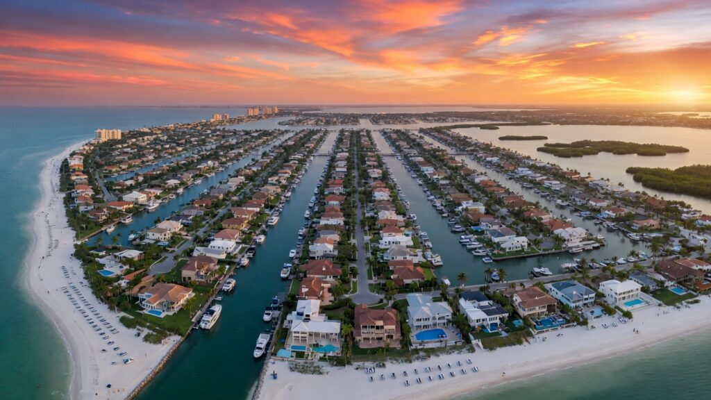 Ultra-realistic 8K aerial view of Marco Island Florida at golden hour showing its distinctive grid layout, white sand beaches, and luxury waterfront homes with boats docked along canals, dramatic sunset sky, photorealistic detail