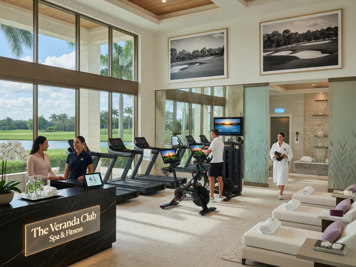 8K realistic photograph of a high-end fitness center and spa interior inside a Naples Florida luxury golf community clubhouse