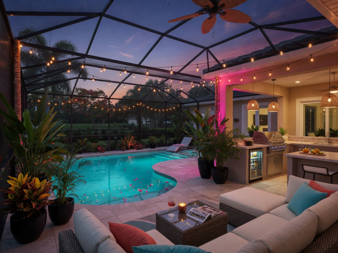 Screened lanai with outdoor summer kitchen and pool in a new Southwest Florida home at dusk, string lights, comfortable seating, tropical plants, realistic evening ambiance in 8K