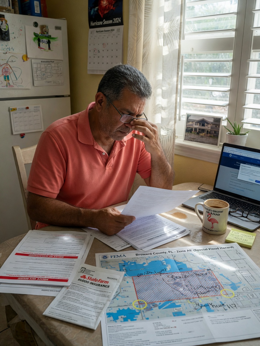 Ultra-realistic 8K close-up of Florida homeowner reviewing insurance documents and flood maps at kitchen table with coffee, concerned expression, natural window light, photorealistic detail