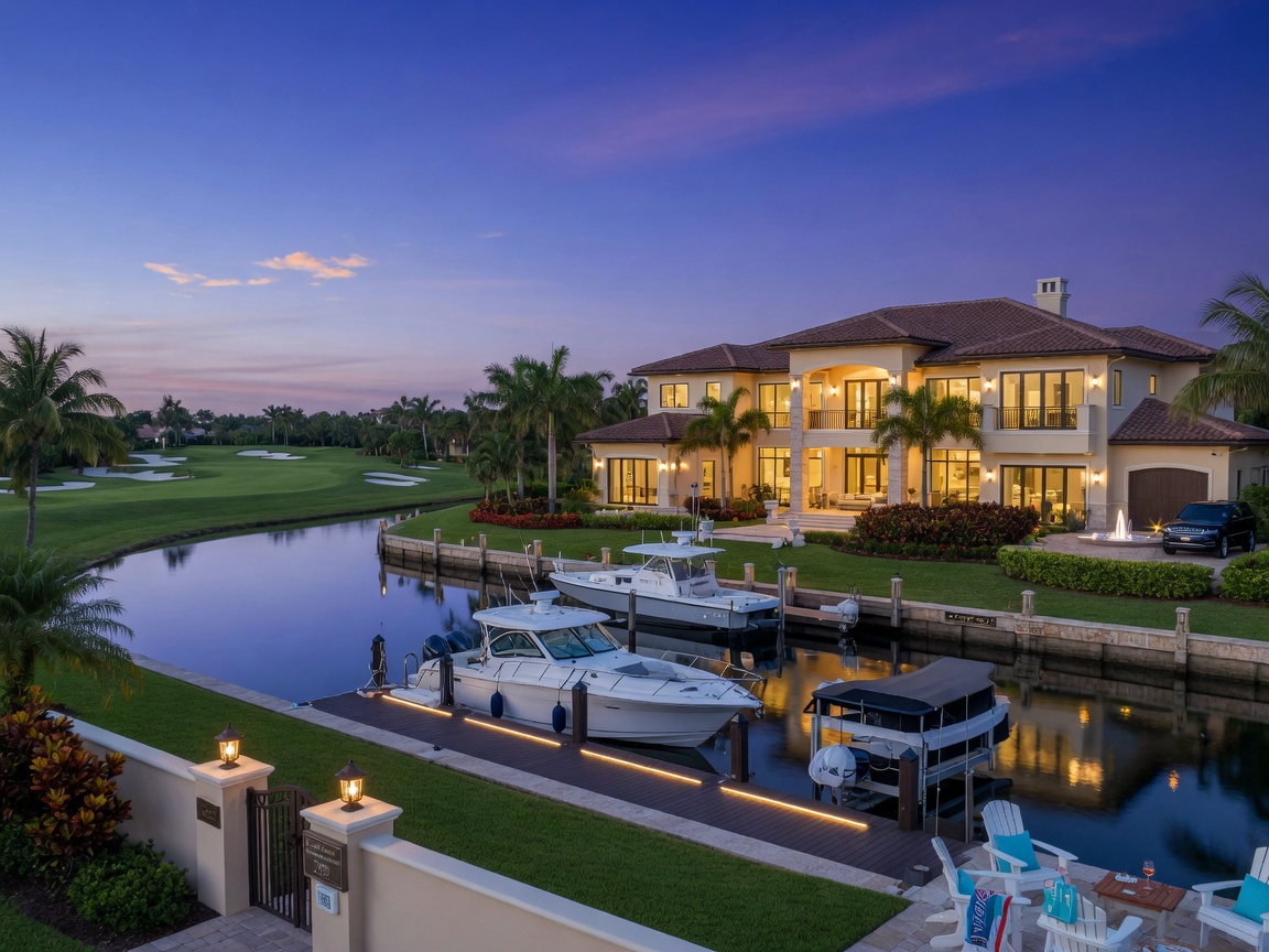 Ultra-realistic 8K image of a waterfront luxury estate with private dock in a gated golf community in Southwest Florida at blue hour