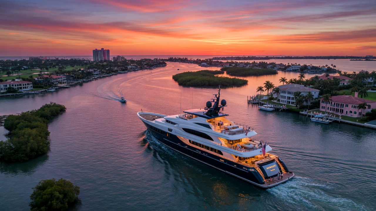 Ultra-realistic 8K aerial view of luxury yacht cruising between Marco Island and Naples along the Gulf Intracoastal Waterway at sunset, vibrant colors, travel magazine style