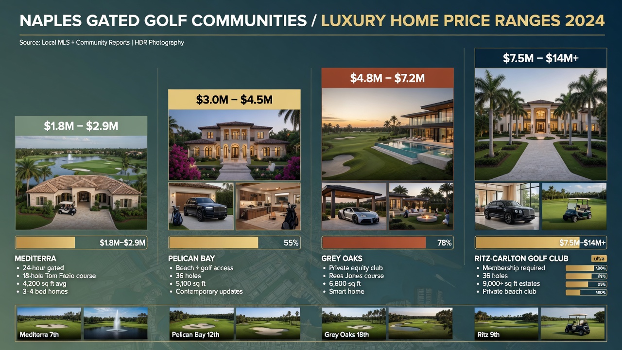 Cinematic 8K comparison infographic style image showing different price ranges of luxury homes in various Naples gated golf communities