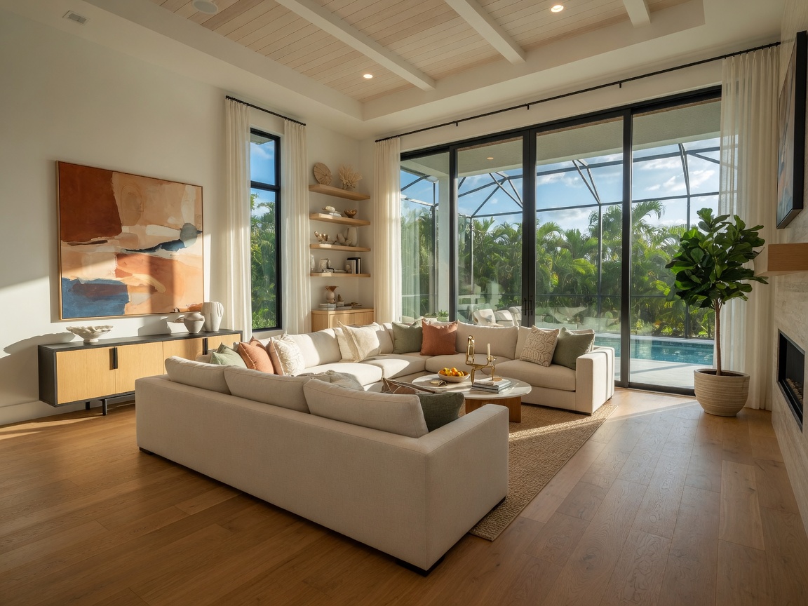 Modern open-concept great room in a new construction home Naples FL with large sliding glass doors, comfortable sectional sofa, contemporary decor, warm wood flooring, natural light, 8K ultra-realistic