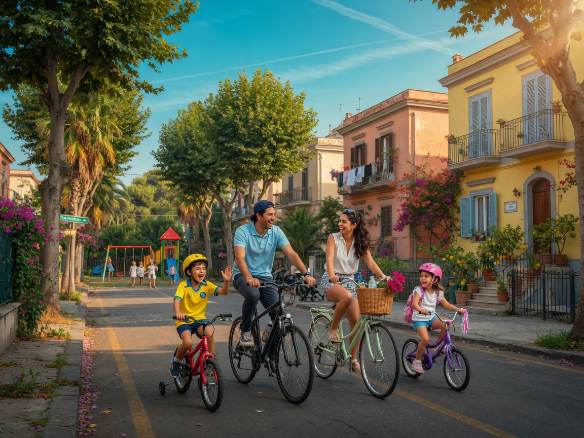 Ultra-realistic 8K image of young family with two children riding bicycles through a tree-lined Naples neighborhood with beautiful homes and playground visible, sunny day, lifestyle photography