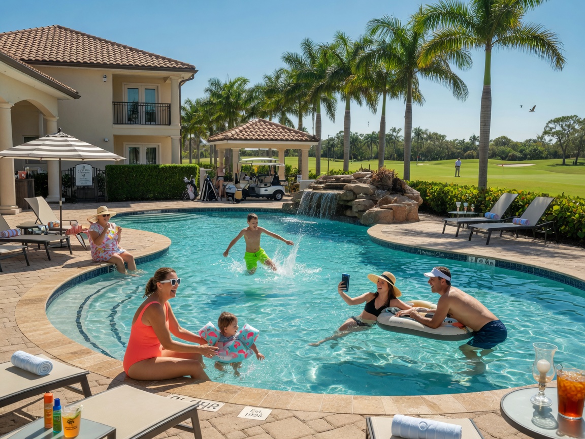 Photorealistic 8K image of a family enjoying a resort-style swimming pool at a Naples Florida gated golf community during a sunny day