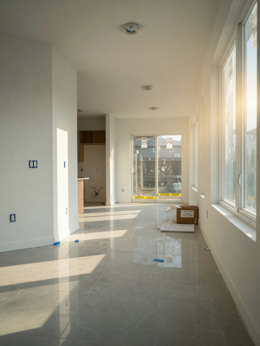 Empty new construction home interior before move-in, freshly painted walls, pristine tile flooring, sunlight streaming through windows, clean modern architecture, photorealistic 8K