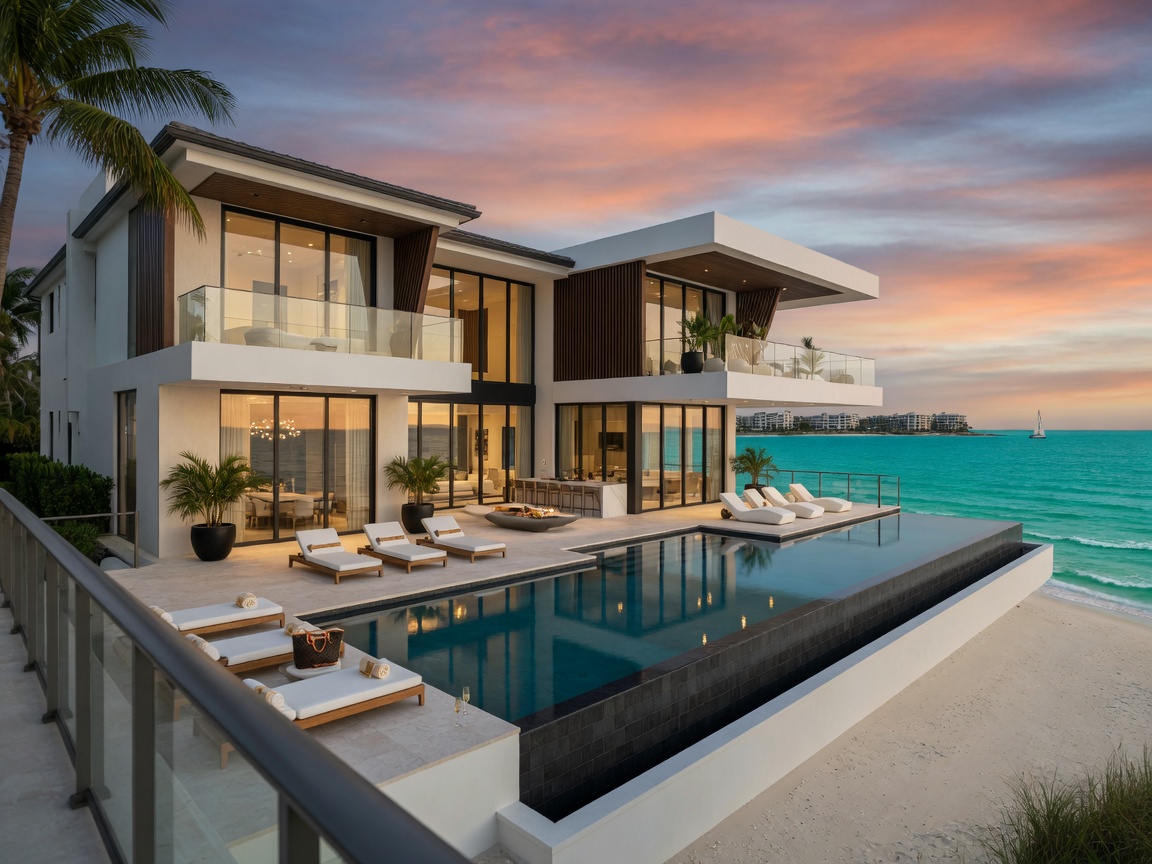 Ultra-realistic 8K photograph of high-end beachfront villa on Marco Island with infinity pool overlooking the Gulf, dramatic architectural lines, turquoise water, luxury real estate style