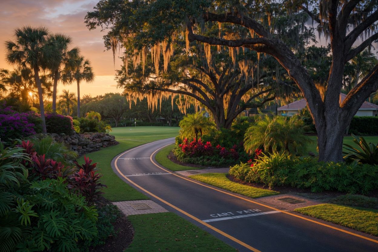 Ultra-detailed 8K photograph of a private golf cart path winding through beautiful oak trees and tropical foliage in an exclusive Naples community