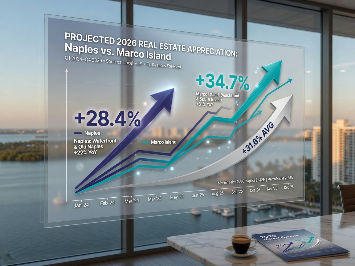 Ultra-realistic 8K visualization of projected 2026 real estate appreciation graphs for Naples and Marco Island with upward trending arrows and percentage numbers, clean modern infographic style blended with photography