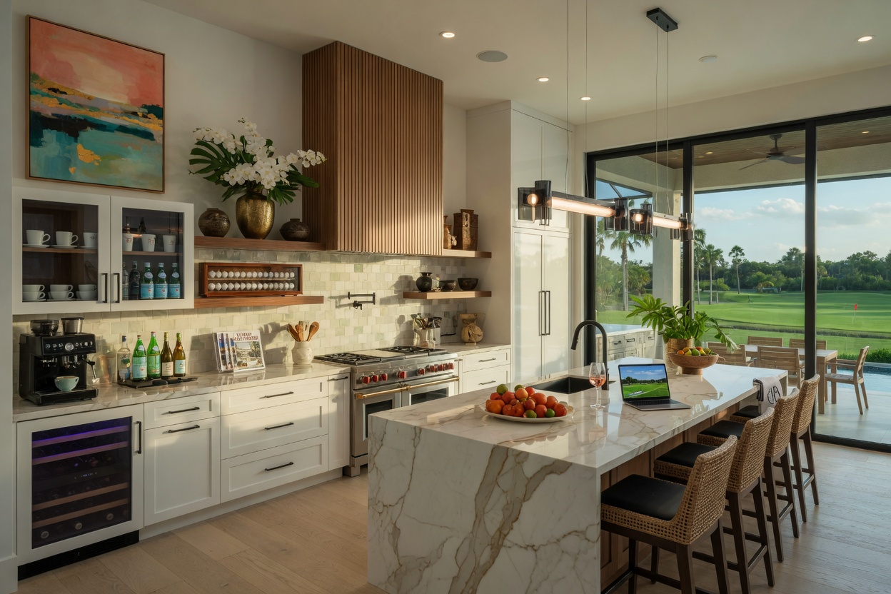 8K realistic image of a modern kitchen interior inside a $5 million luxury home in a gated golf community in Naples Florida