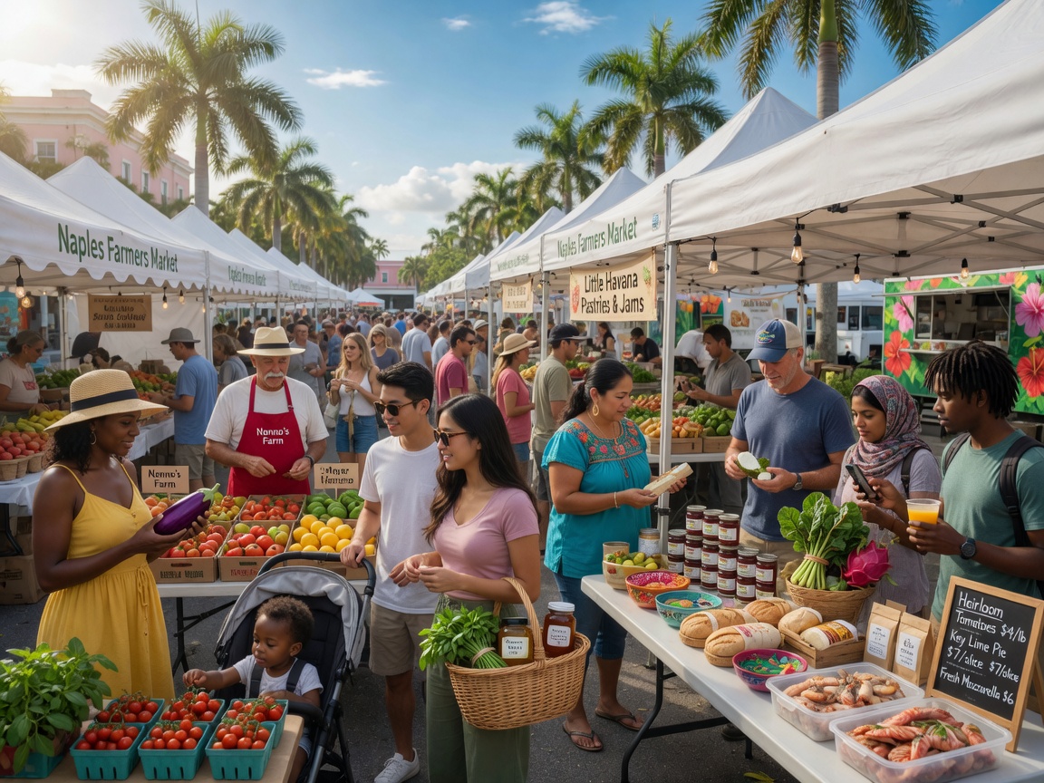 Ultra-realistic 8K image of diverse group of people at Naples Farmers Market browsing fresh produce and artisan goods under white tents with palm trees in background, vibrant community scene