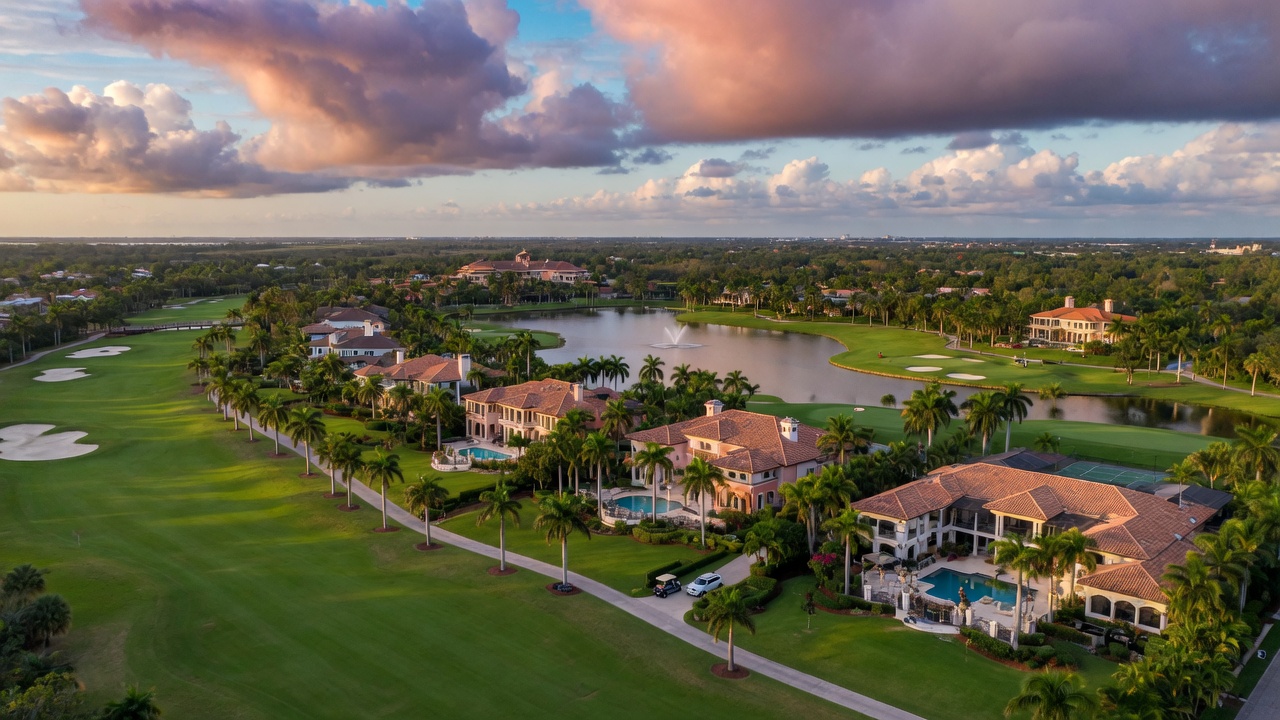 Ultra-realistic 8K aerial shot of multiple luxury estates backing onto a golf course in Quail West Naples with dramatic cloud formations