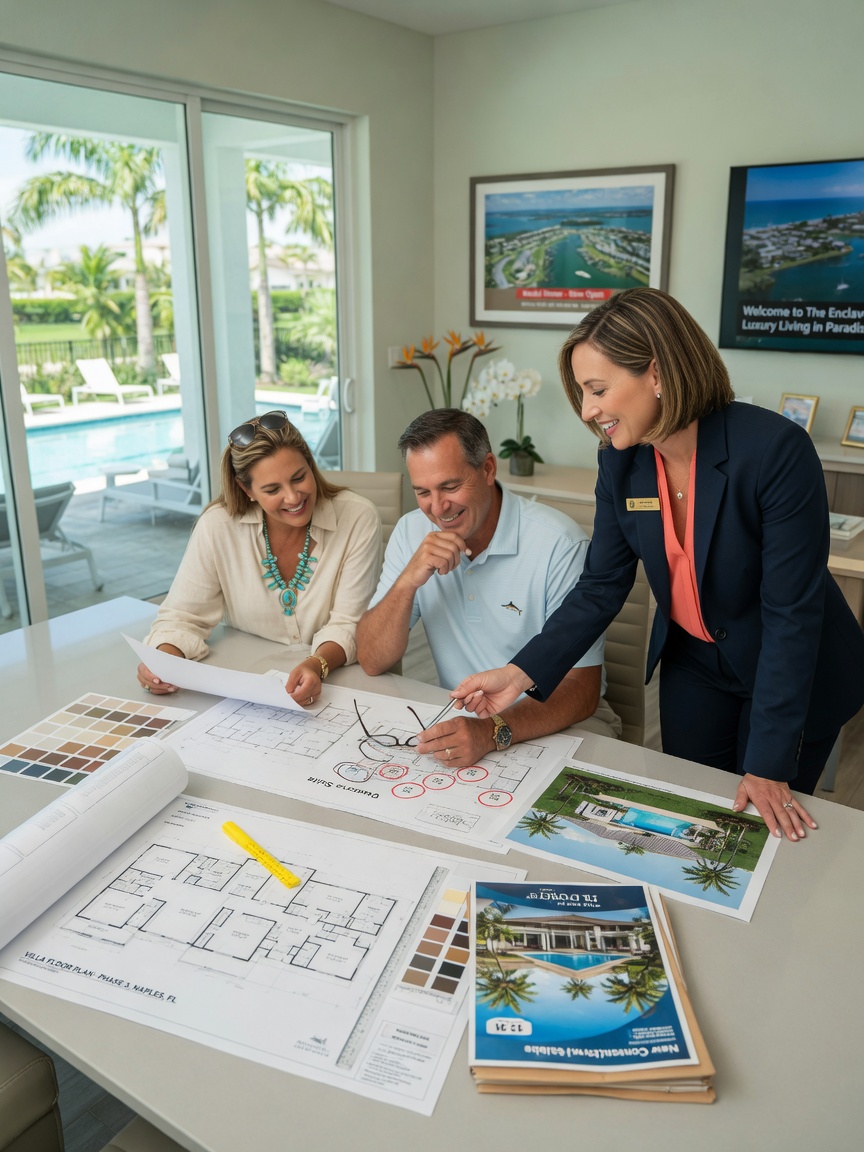 Couple reviewing construction documents and floor plans with sales manager at a model home in Naples Florida, professional setting, friendly interaction, photorealistic lifestyle image