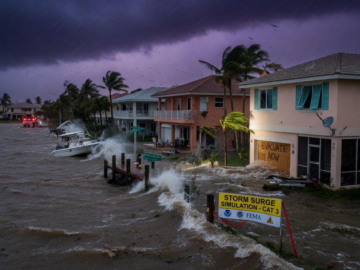 Ultra-realistic 8K dramatic photo of storm surge simulation on Marco Island waterfront homes during Category 3 hurricane, scientific yet cinematic, warning tone