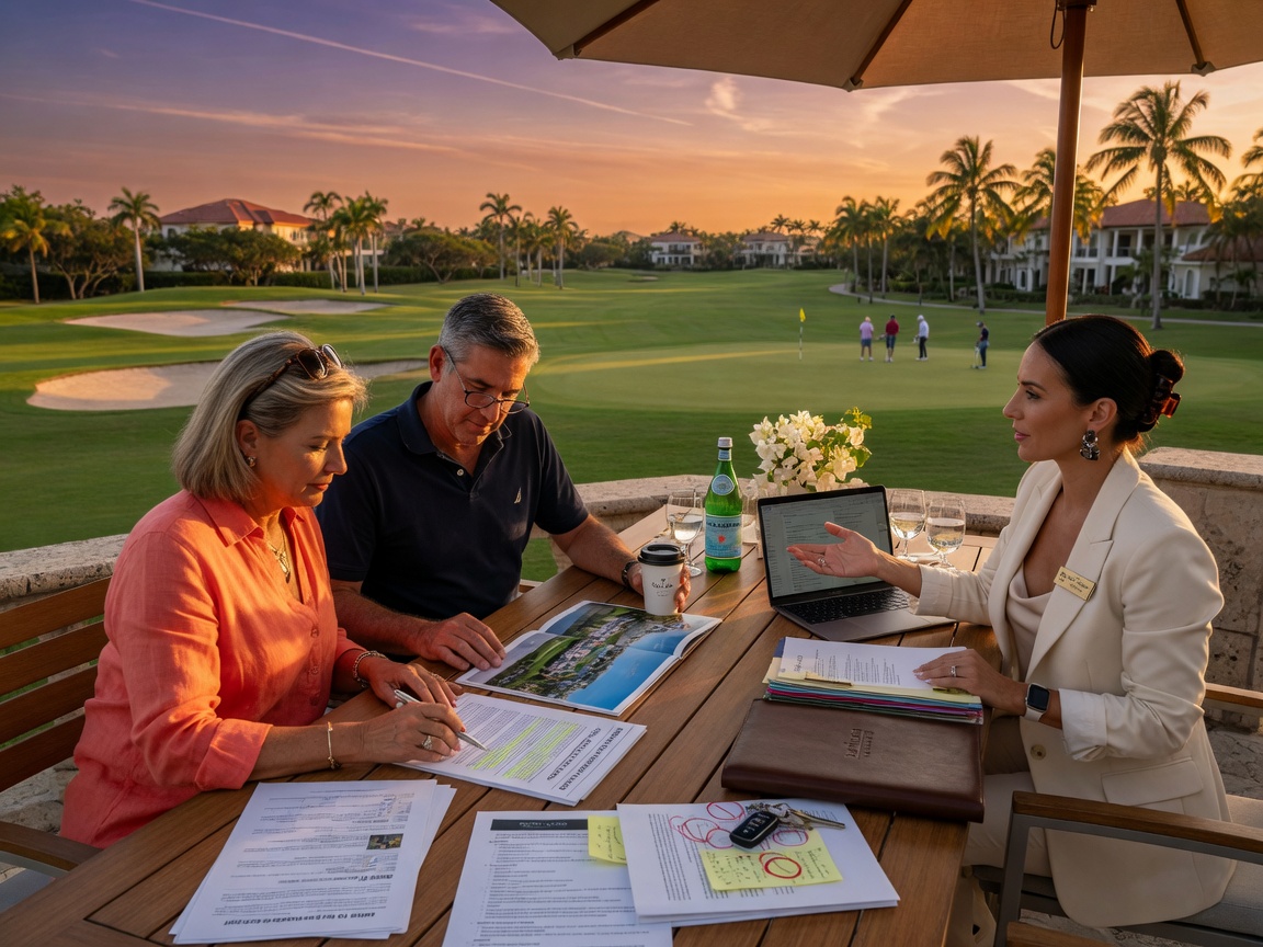 Photorealistic 8K image of homeowners meeting with a real estate agent discussing documents at an outdoor table overlooking a golf course in Naples