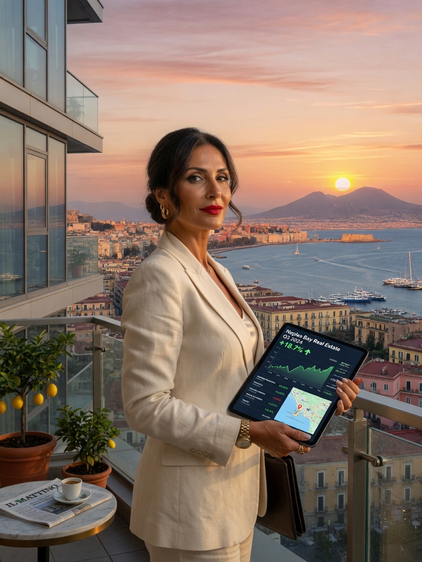 Ultra-realistic 8K portrait of confident real estate investor standing on balcony of Naples high-rise overlooking the city and bay at sunrise, holding tablet showing market data