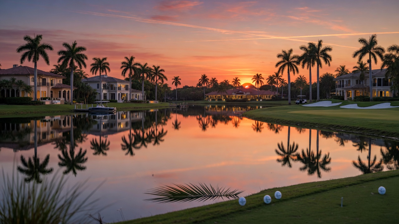 Cinematic 8K sunset view over a luxury golf community lake with reflection of palm trees and high-end homes in the background in Naples Florida