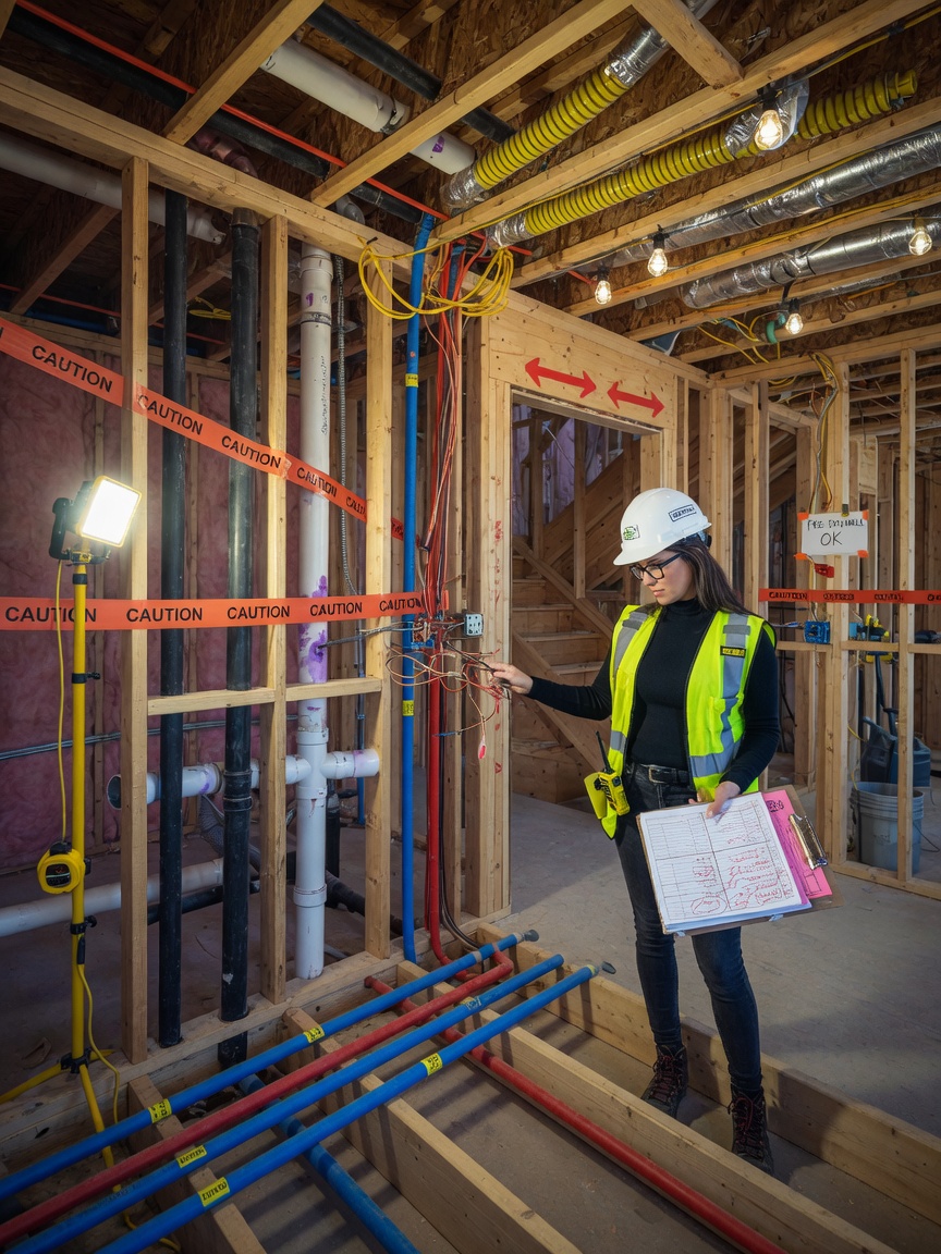 Pre-drywall inspection scene inside new construction home showing plumbing, electrical and HVAC systems exposed, inspector with clipboard, construction lighting, realistic 8K detail