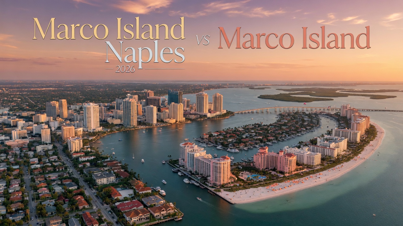 Ultra-realistic 8K wide panoramic shot of both Naples and Marco Island skylines visible from the air with text overlay 'Marco Island vs Naples 2026' in elegant typography, golden hour lighting