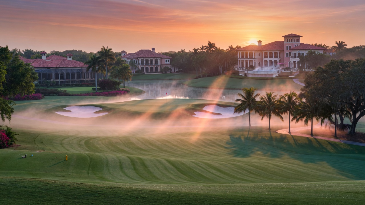 8K cinematic view of a championship golf course fairway with luxury estates in the background at Quail West community in Naples Florida during sunrise with mist