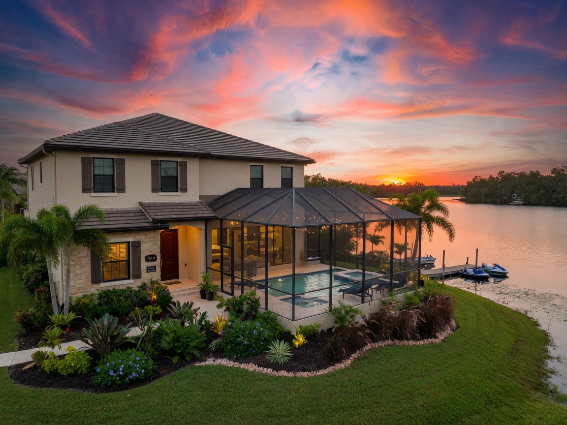 Ultra-realistic 8K exterior view of a new Pulte home in Caymas Naples at sunset with lakefront view, luxury landscaping, screened lanai with pool, dramatic sky, photorealistic architectural photography