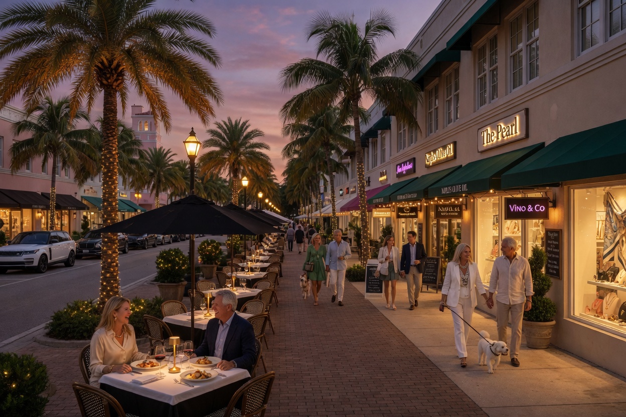 Ultra-realistic 8K photograph of Fifth Avenue South in Naples Florida during evening with elegant shops, outdoor dining, palm trees, and sophisticated pedestrians, warm ambient lighting, cinematic composition