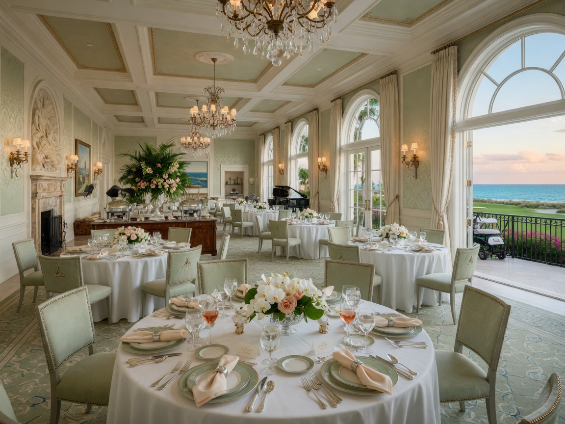 Ultra-detailed 8K interior of an elegant 70,000 square foot country club clubhouse dining room with ocean views and sophisticated decor in a Naples gated golf community