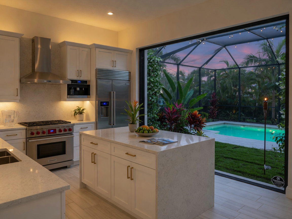 Interior of a brand-new Naples Florida construction home kitchen at twilight, quartz waterfall island, professional-grade appliances, large sliding glass doors open to screened lanai with pool beyond, soft warm lighting, photorealistic 8K, text legible on appliance displays, Southwest Florida tropical landscaping outside